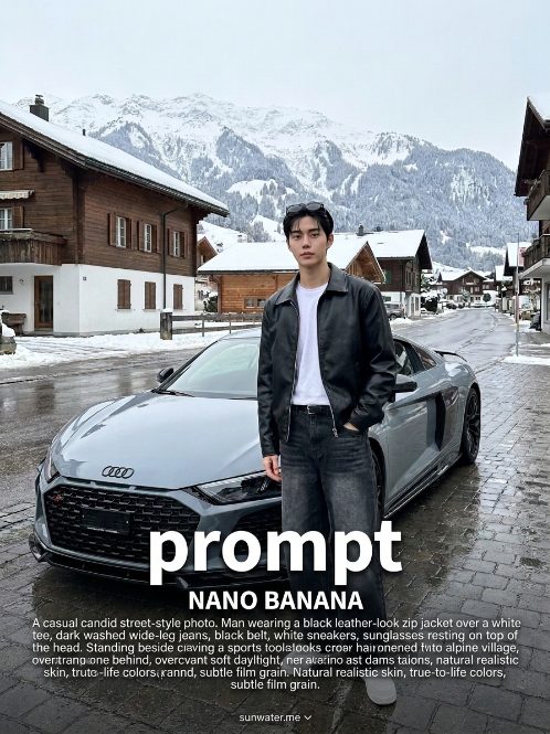 雪山街拍型男名車 AI 提示詞成品圖